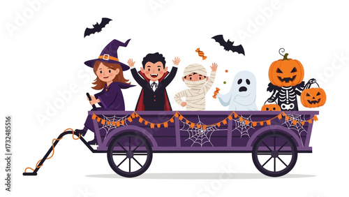 Halloween Parade: A delightful Halloween scene unfolds, with costumed figures, a pumpkin carriage, bats, and webs coming together to create an atmosphere of spooky fun and joyful celebration. 