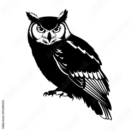 Vector art of majestic great horned owl illustration with detailed feathers and intense gaze