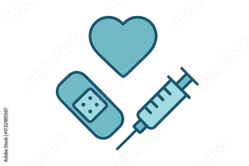 Essential medical care symbols including a heart, adhesive bandage, and hypodermic syringe representing health, treatment, and well-being