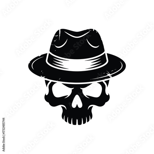 Skull wearing a fedora hat in black and white