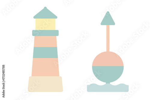 Minimalist nautical elements with striped lighthouse and floating sea buoy in soft pastel hues for coastal designs