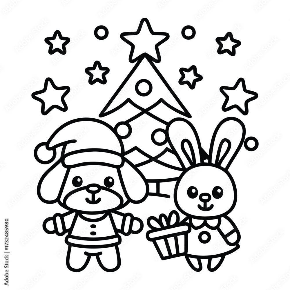 Fototapeta premium Christmas animal coloring page, Animal coloring page, winter animal coloring pages, black and white illustration, Animal Christmas line art