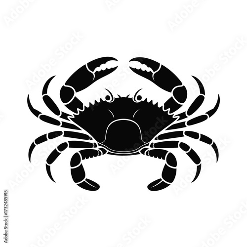Black silhouette of a crab with claws raised on a white background