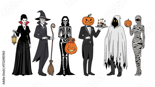 Halloween Characters in line: A chilling illustration of diverse Halloween character standing in line, with each embodying unique spectral aesthetics and a sense of festive fright. 