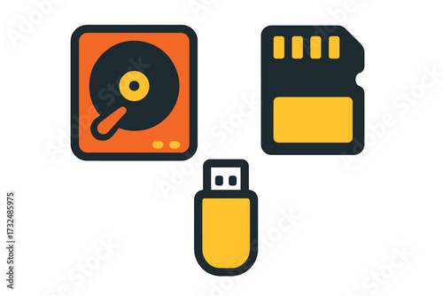 Modern digital data storage devices set with hard drive, memory card, and USB flash drive symbols