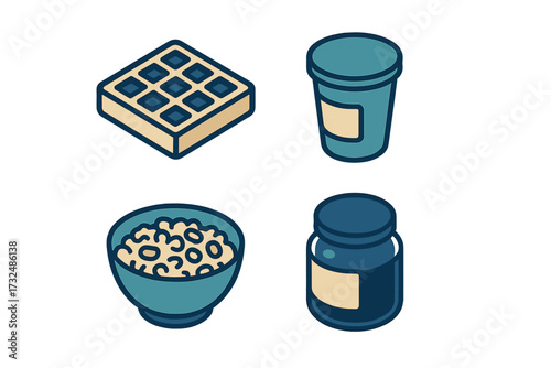 Collection of isometric breakfast food and drink icons featuring a waffle, cereal bowl, coffee cup, and jar design elements