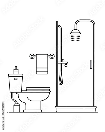 Simple line art vector illustration of a modern bathroom toilet shower and towel rack silhouette vector illustration white background
