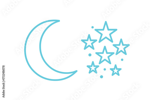 Minimalist blue outline of a crescent moon with multiple scattered stars against a clean white backdrop