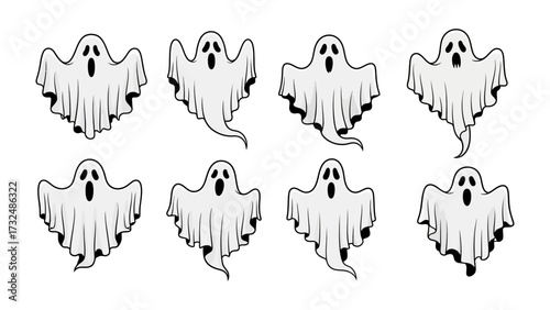 Spooky Spirits: A collection of stylized, transparent ghosts, captured in a minimalist graphic, are set against a blank space background for a spooky Halloween theme, evoking a sense of mystery.