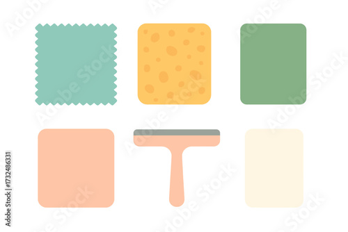 Collection of various household cleaning tools and supplies including sponges, cloths, and a squeegee in a minimalist flat design style