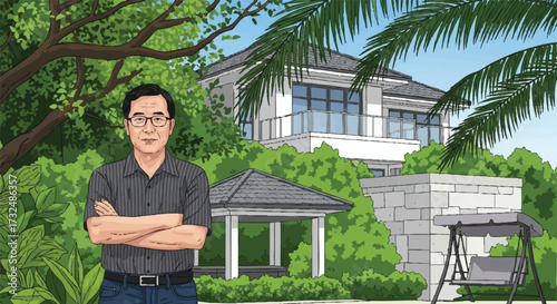 Man in Front of a House Surrounded by Nature