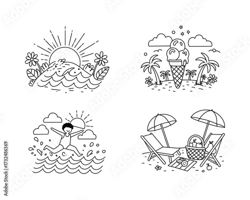 Whimsical hand drawn line art illustrations of tropical beach scenes and summer vacation activities
