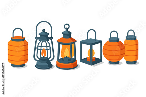 Collection of various traditional and modern lanterns with glowing flames for festive decoration and warm ambiance