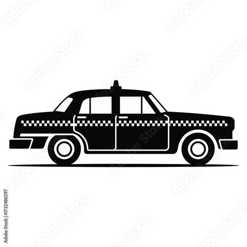Classic black and white taxi cab illustration with checkerboard pattern