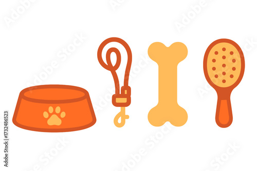 Various pet care accessories and supplies for domestic animals including a food bowl, leash, bone, and grooming brush