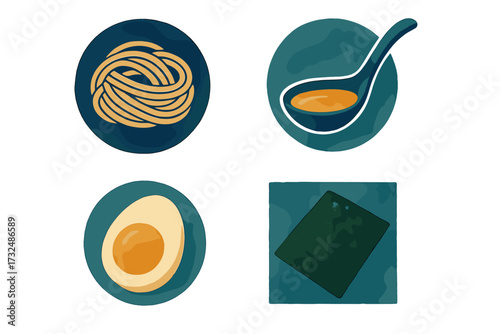 Essential components for traditional Japanese ramen dish preparation including noodles, egg, seaweed, and savory broth