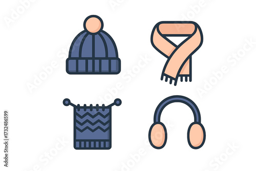 Warm winter clothing and accessories set featuring a knitted beanie, a cozy scarf, protective earmuffs, and a creative knitting project