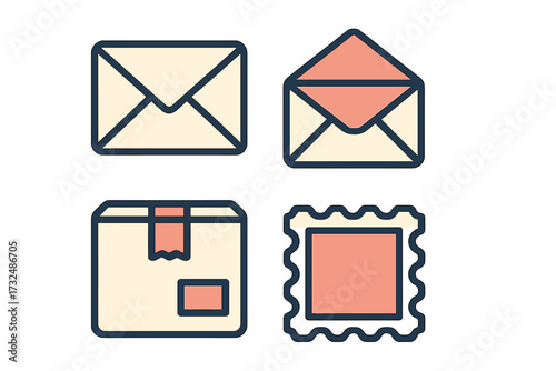 Essential mail and post office communication icons featuring envelopes, a shipping package, and a postage stamp