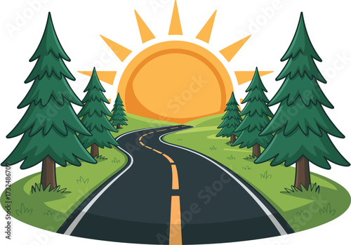 Cartoon road trip illustration with sun and trees for children's book design art