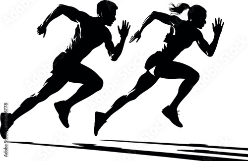 Running silhouette vector illustration of man and woman athletes sprinting together fast speed