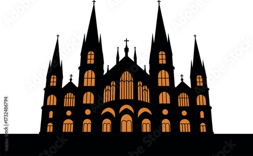 Silhouette of gothic cathedral church with cross and windows vector illustration