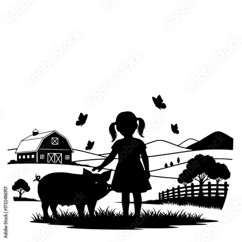 Vector art of silhouette of girl with sheep in pastoral landscape with birds flying, simple black and white art