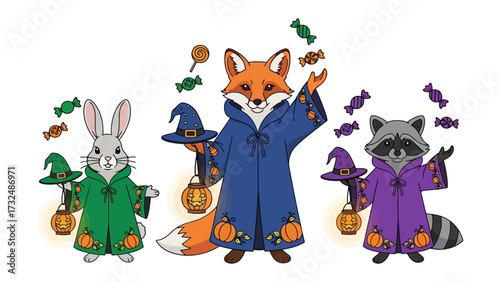 Enchanted Animals: A delightful illustration showcases three enchanting animals, each dressed in wizard attire, surrounded by candy and festive Halloween details.