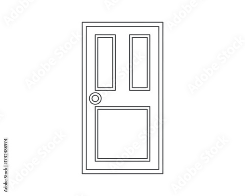 Simple black and white line drawing vector graphic of a two-panel interior door with knob eps silhouette vector illustration white background