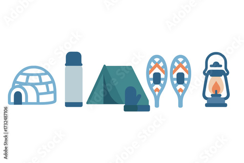 Essential winter outdoor adventure and camping equipment for cold weather featuring igloo, thermos, tent, snowshoes, and lantern