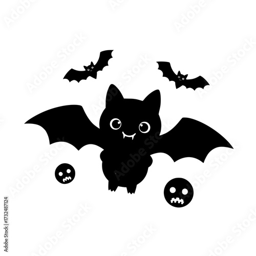 Vector art of cute cartoon bat with spread wings and smiling face, surrounded by small bats