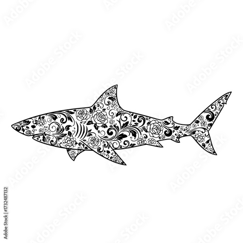 Vector art of intricate black and white shark illustration with detailed patterns