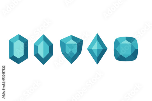 Variety of stylized blue-green faceted geometric gem shapes and jewels in a modern flat design style on a clean white background