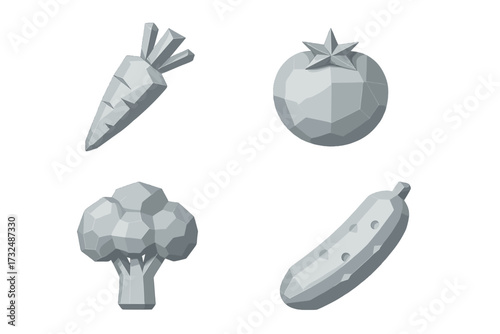 Stylized low poly grey vegetables set with carrot, tomato, broccoli, and cucumber on a clean white background