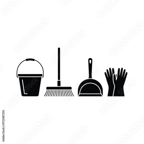 Set of cleaning tools including bucket broom dustpan and gloves