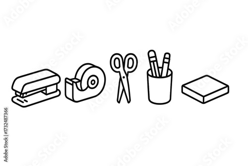 Essential office and school supplies collection featuring stapler tape dispenser scissors pencils and eraser