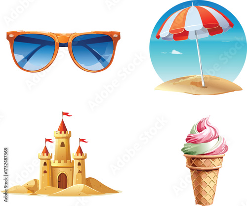 Summer Vacation Set Featuring Beach Elements, Travel Accessories, and Tropical Vibes