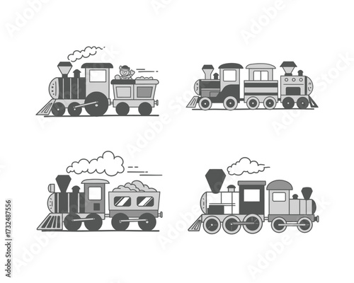 Collection of four charming hand drawn black and white illustrations of vintage steam locomotives with smoke puffs
