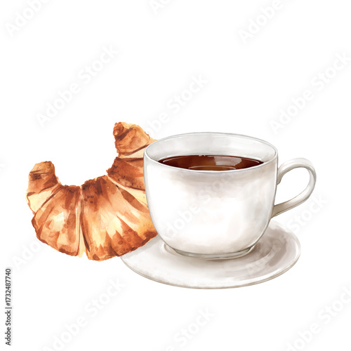 Hand-drawn illustration of fresh baked croissant next to white cup of hot coffee