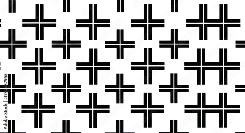 Fototapeta premium Symmetrical pattern of black crosses and offset bars on white backdrop