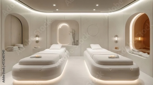 照明付きの白いモダンなスパルーム（ベッド2台付き）