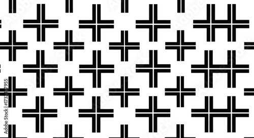 Symmetrical pattern of black crosses and offset bars on white backdrop