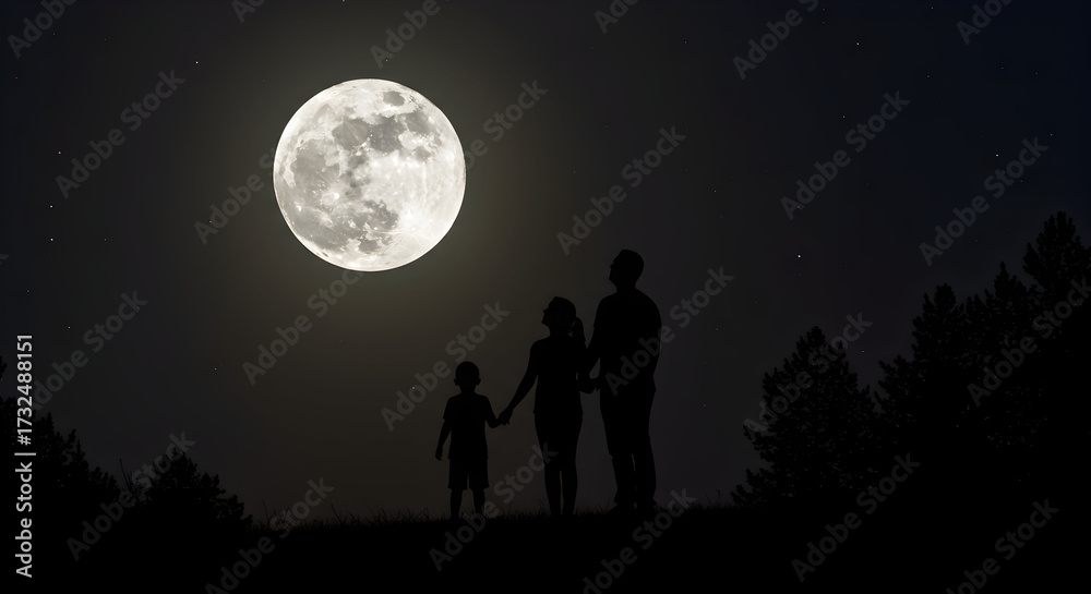 Fototapeta premium Family Silhouette Standing Under Bright Full Moon Surrounded by Trees in a Night Landscape