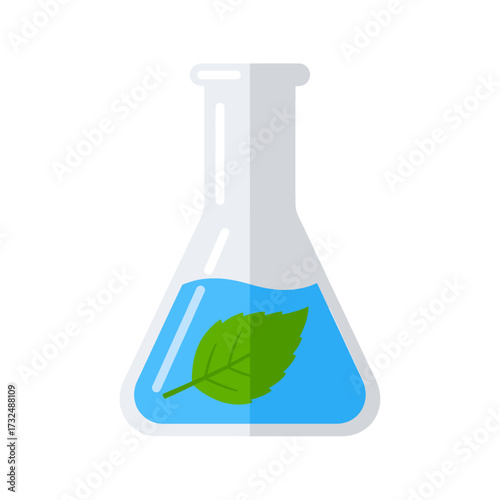 Eco-friendly laboratory flask with leaf inside the liquid.
