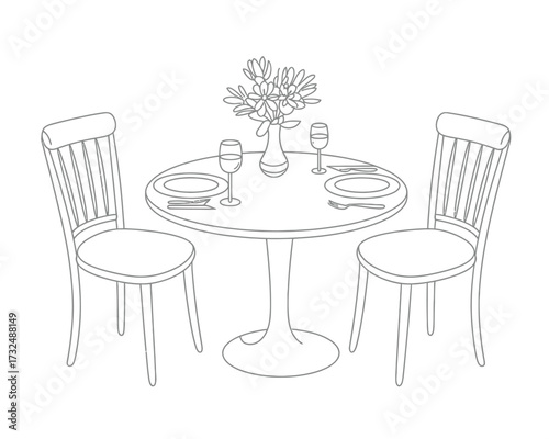 Simple line drawing vector of a romantic dining table set for two with chairs silhouette vector illustration white background