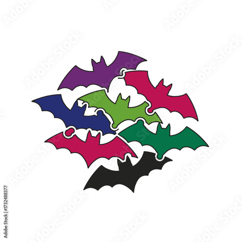 Colorful bats flying together in a Halloween themed design.