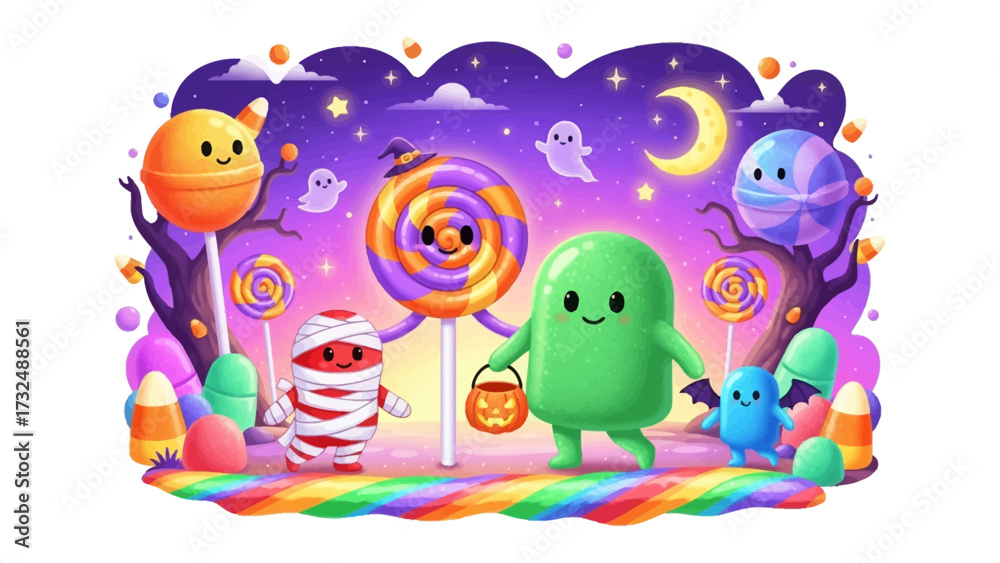 Obraz premium Halloween Fantasy: A whimsical illustration of a vibrant Halloween scene, showcasing adorable, colorful characters and a magical, playful atmosphere. 