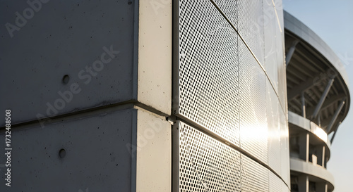 Sunlight Glinting on Perforated Metal Panels of a Modern Building Exterior, Architectural Detail.