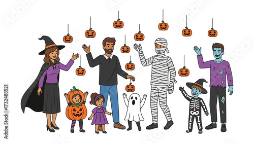 Enchanting Halloween Costume Gathering: A spirited group of diverse individuals and children dressed in festive Halloween costumes.