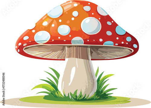 Cartoon Mushroom with Red Cap and White Polka Dots Isolated on White Background