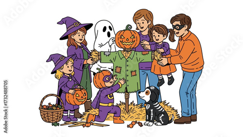 Halloween Family Gathering: A heartwarming scene of a family and their dog dressed in festive Halloween costumes, gathered around a pumpkin scarecrow, embodying the spirit of the spooky season.